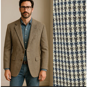 Huckberry Vintage 43R Luxury 100% Wool Houndstooth Blazer 2 Button Jacket Brown